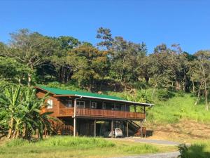Casa de madera con techo verde en Mariposaapartments, en Arrozal