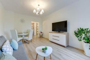 salon z kanapą, telewizorem i stołem w obiekcie Old Town Gardens Modern w Gdańsku