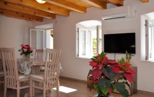 a living room with a table and chairs and a television at Mediterranean stone house in Babino Polje