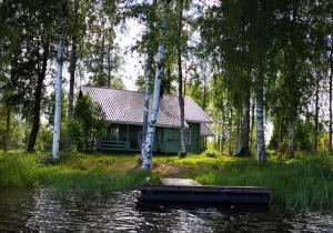 a house in the woods next to a body of water at Mansikkaniemen Lomakeskus in Rantasalmi
