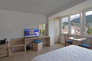 萨拉热窝Deluxe Bellevue Apartments的一间卧室，配有一张床和一张带电视的书桌