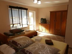a living room with two beds and a window at Pokoje Gościnne - Noclegi Charzykowy in Charzykowy