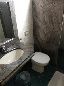 a bathroom with a sink and a toilet and a mirror at SM Palace Hotel in Divinópolis