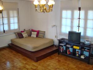 a bedroom with a bed and a tv on a table at Villa Afroditi in Nea Vrasna