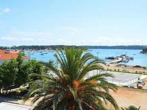 a palm tree in front of a harbor with boats at PALMA MEDULIN Bed & Breakfast in Medulin