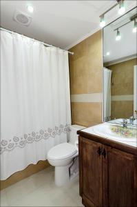 y baño con aseo, lavamanos y cortina de ducha. en Hotel Boutique Ecoterraverde en Panguipulli