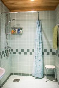 a shower in a tiled bathroom with a blue shower curtain at Pärnu Sadama 4 Street Apartment in Pärnu