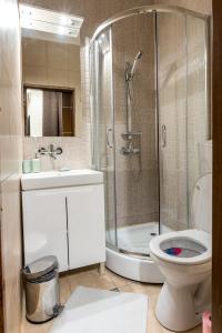 y baño con ducha, aseo y lavamanos. en Hotel Corso en Buzau