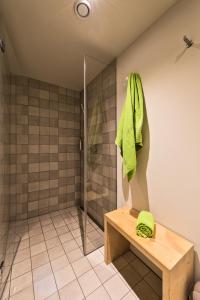 a bathroom with a shower with a green towel on the wall at Hotel Ustria Parlatsch in Trin
