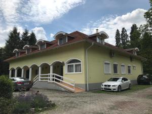 una casa con dos coches estacionados frente a ella en Silvanus Panzió, en Lenti