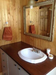 y baño con lavabo y espejo. en Chalet d'Anna, en Saint-Damien