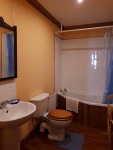 a bathroom with a toilet and a sink and a tub at Hallgreen castle in Inverbervie