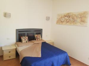 1 dormitorio con 1 cama con manta azul en Appartamento Monte Mare Arzachena en Arzachena