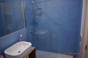 a blue tiled bathroom with a shower and a sink at Appartamento in centro in Cassino