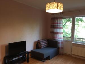 a living room with a chair and a television at Cat Garden Domina Apartments Riga in Rīga