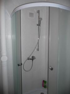a shower in a bathroom with a glass door at White camomile condo in Šventoji