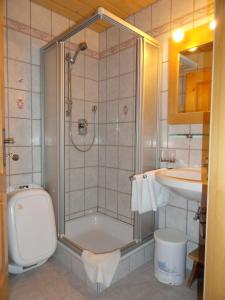 a bathroom with a shower and a toilet and a sink at Baby- und Kinderhof Aicherbauer in Seeham +60 photos