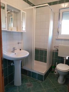 a bathroom with a sink and a shower and a toilet at Apartment-Villa Vesna in Privlaka