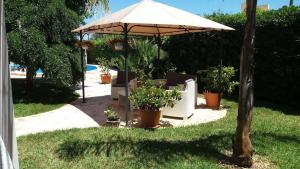 an umbrella and chairs and plants in a yard at Villa Rosaria in Fontane Bianche