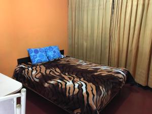 a bedroom with a zebra print bed with a window at Tour Hostal Wanka in Huancayo