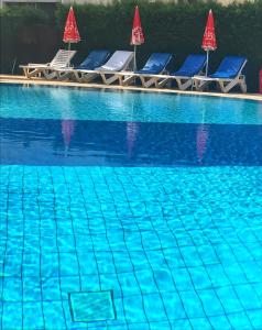 a swimming pool with lounge chairs and a swimming pool at Pigeon Beach Hotel Apartments in Limassol