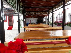 コスティネシュティにあるVila la Celesteの赤い花の並ぶ木製の椅子
