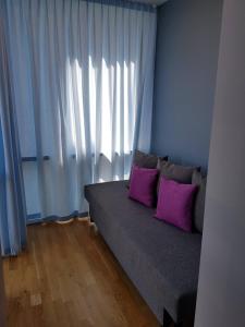ein Wohnzimmer mit einem Sofa und lila Kissen in der Unterkunft Apartamentai Elija Plus in Šventoji