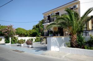 a building with a palm tree next to a street at La Plage in Kokkari