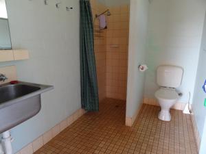 a bathroom with a toilet a sink and a shower at Broome Vacation Village in Broome