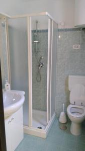ein Bad mit einer Dusche, einem WC und einem Waschbecken in der Unterkunft Casa Vacanze Margherita - Sasso di Castalda in Sasso di Castalda