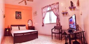 a bedroom with a bed and a television and a window at Lisin Village Homestay in Nanzhuang