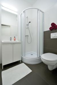 a white bathroom with a shower and a toilet at Bastei Apartment Enns in Enns