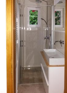 a bathroom with a shower and a sink at Ferienhaus Baederleiblick in Bad Ems