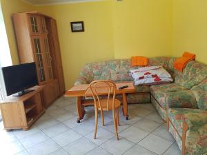 a living room with a couch and a table with a television at Ranczo u Nikodema in Silice