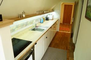 a kitchen with a sink and a wooden counter top at Apartmány u komína in Terezín +31 photos