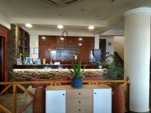 a lobby with a bar with a plant on a table at Creta Suites in Koutsounari
