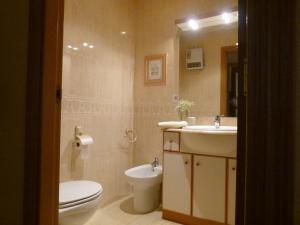 a bathroom with a toilet and a sink and a mirror at Apartamento Broto in Broto +17 photos