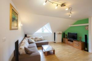 a living room with a couch and a tv at Luxury apartment Karolina in Bled