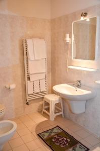 La salle de bains est pourvue d'un lavabo, de toilettes et d'un miroir. dans l'établissement Hotel Sport, à Ledro