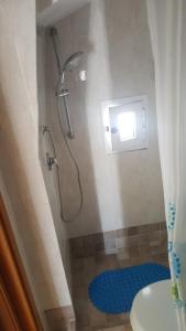 uma casa de banho com um chuveiro, um WC e um tapete azul em La casa di Luvy em Ostuni