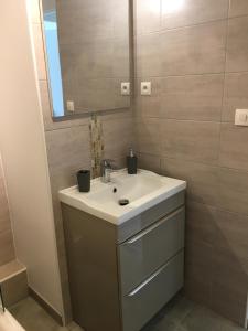 a bathroom with a sink and a mirror at BedinReims "burgundy bottle" 110m2 Exceptional, 4 chambres doubles, 2 bain, free park & wifi, tout équipé in Reims