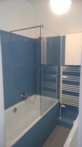 ein Badezimmer mit Badewanne und Glasdusche in der Unterkunft Quartier im Burghof in Flensburg + 8 Fotos