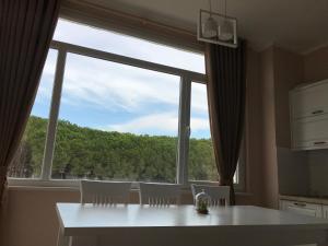 a kitchen with a table and chairs and a large window at EME APARTMENTS - Kompleksi Lura 2 Gjiri i Lalzit in Draç +55 photos