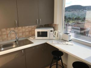 a kitchen with a microwave and a sink and a window at PanoramaPanel in Budapest