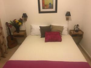 a bedroom with a bed with a red pillow on it at Guest House Villa Alea in Dobra Voda