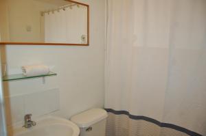 a bathroom with a sink and a toilet and a mirror at Lepihue I in Puerto Montt