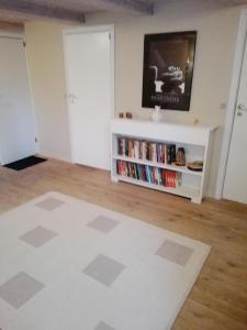 a living room with a white rug and a book shelf at Moen Oekologisk Bed & Breakfast in Askeby