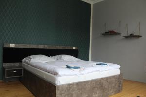 Cama en habitación con pared verde en Homestay Lela and Mari, en Kazbegi