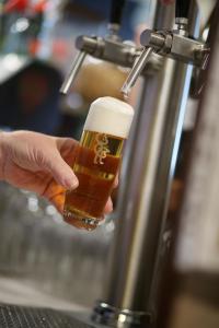 a person holding a glass of beer in a bar at Landgasthof Barenwirt in Petzenkirchen