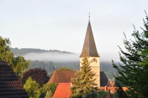 uma igreja com um campanário no topo de uma cidade em Villa LamBa Gastezimmer em Lorch